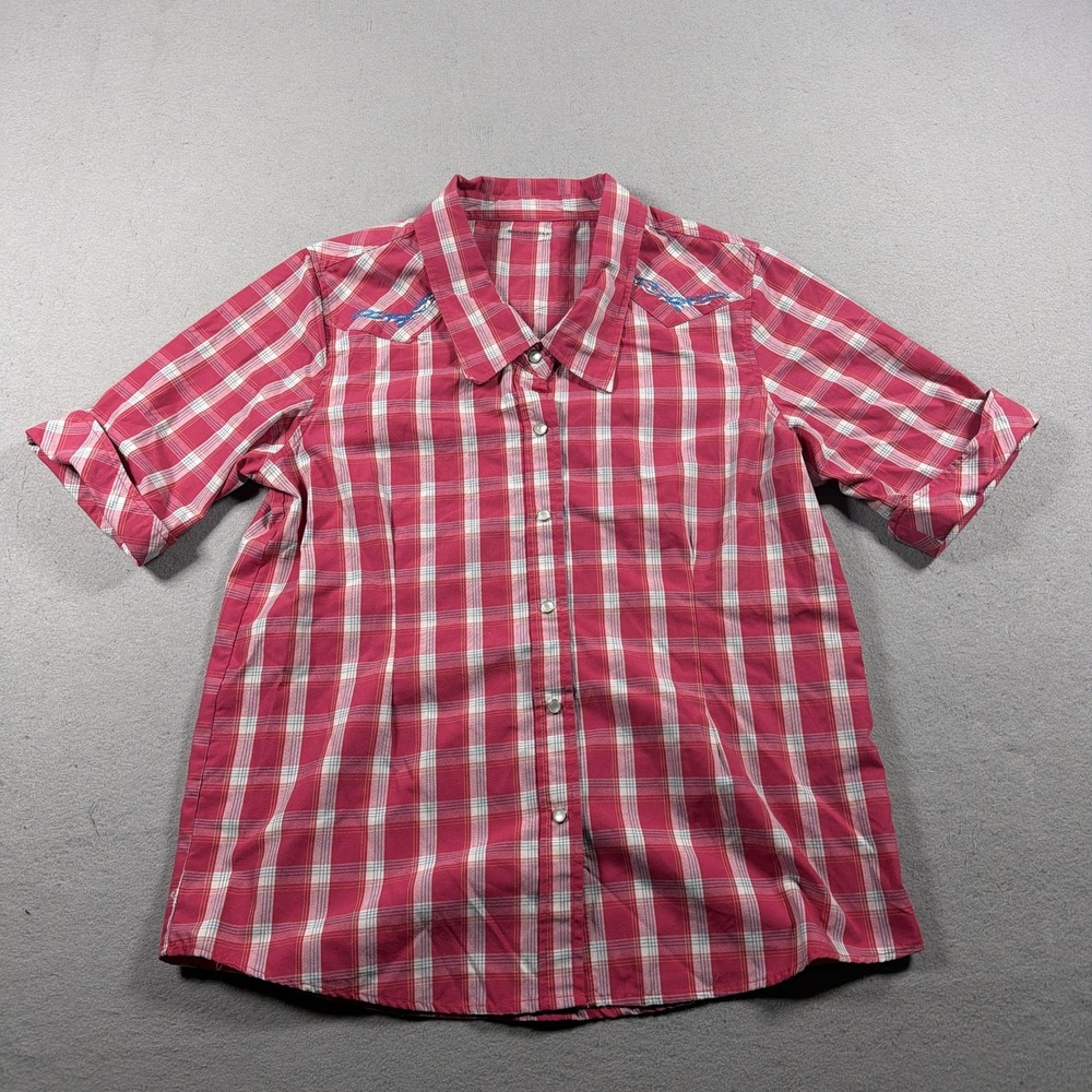 Bit & Bridle Shirt Womens Medium Pink Plaid Snap Button Short Sleeve Western